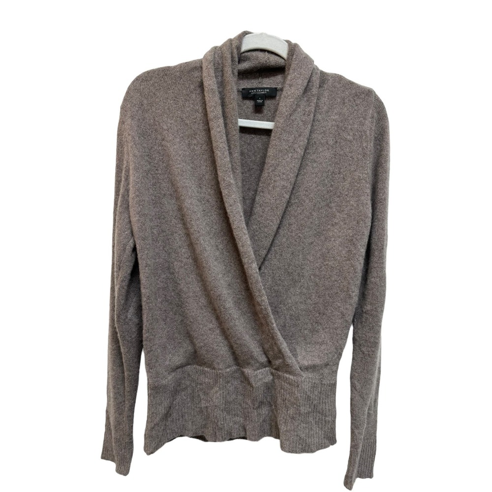 Ann Taylor Front Wrap 100% Cashmere Shawl Sweater Top Size Small Taupe